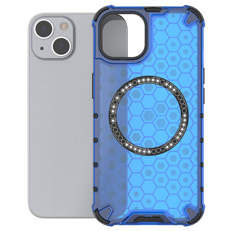 Husa transparenta iPhone 13 Techsuit HoneyComb Shield MagSafe, albastru
