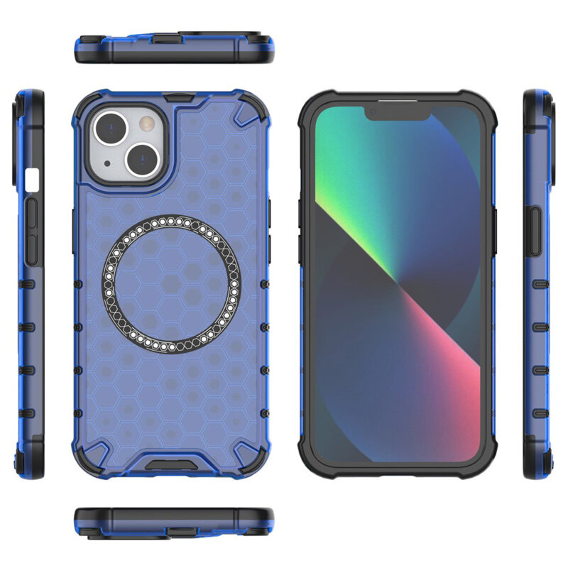 Husa transparenta iPhone 13 Techsuit HoneyComb Shield MagSafe, albastru