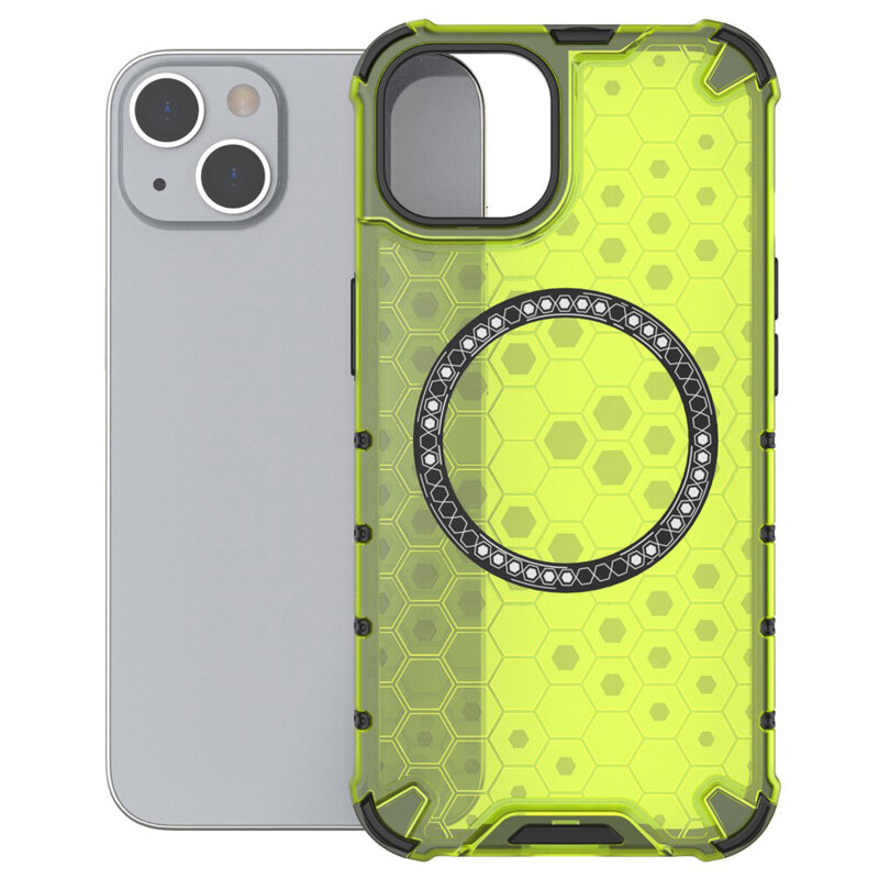 Husa transparenta iPhone 13 Techsuit HoneyComb Shield MagSafe, verde