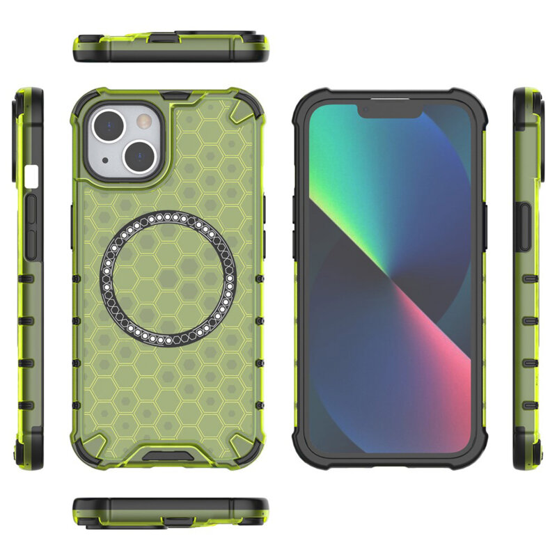 Husa transparenta iPhone 13 Techsuit HoneyComb Shield MagSafe, verde