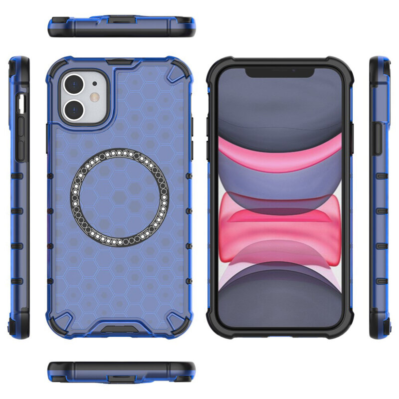 Husa transparenta iPhone 11 Techsuit HoneyComb Shield MagSafe, albastru