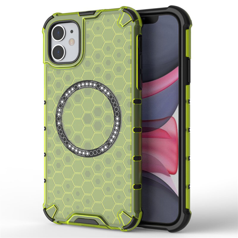 Husa transparenta iPhone 11 Techsuit HoneyComb Shield MagSafe, verde