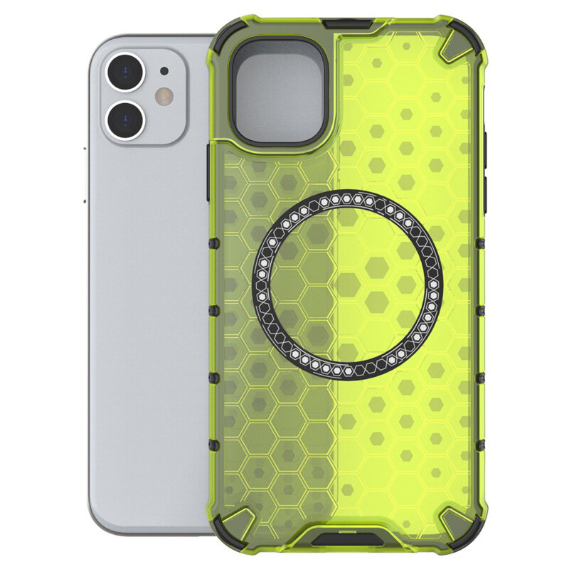 Husa transparenta iPhone 11 Techsuit HoneyComb Shield MagSafe, verde