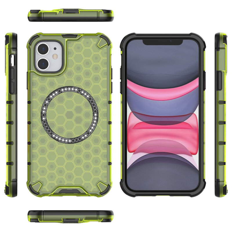 Husa transparenta iPhone 11 Techsuit HoneyComb Shield MagSafe, verde