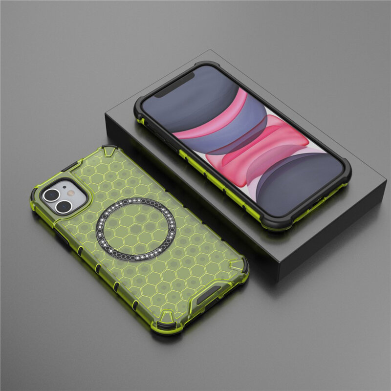 Husa transparenta iPhone 11 Techsuit HoneyComb Shield MagSafe, verde