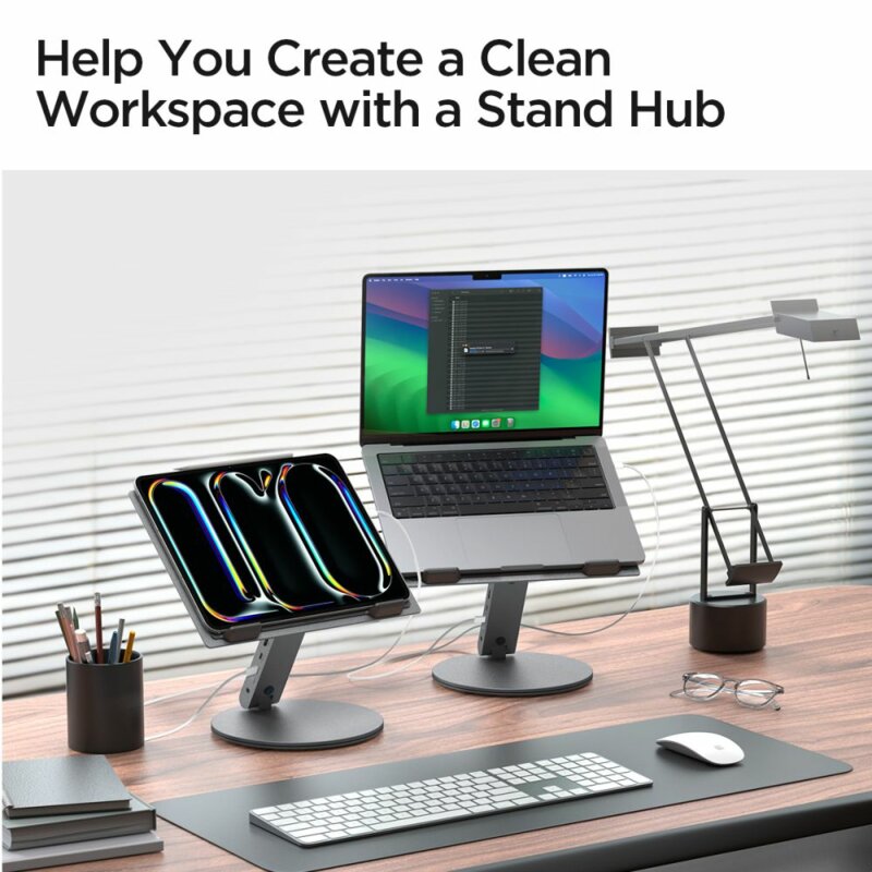 Suport laptop, tableta + hub USB 6in1 Spigen, argintiu, LD204H