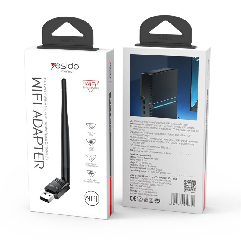 Adaptor Wi-Fi USB cu antena Yesido WP11, 150Mbps, negru