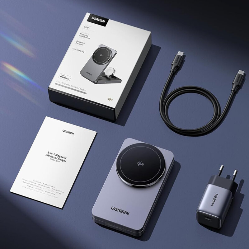 Statie de incarcare 3in1 Qi2 + incarcator priza, 25W, Ugreen, gri, 45025