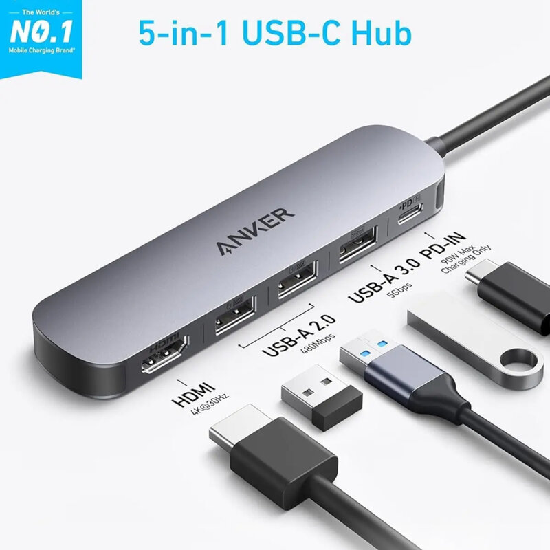 Docking station, hub Type-C 5in1, 5Gbps, 90W, 4K Anker, negru