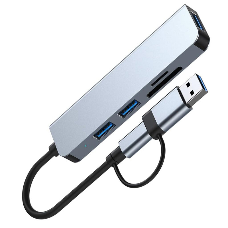 Hub USB, Type-C la 3x USB, SD/TF Card Techsuit H7, gri