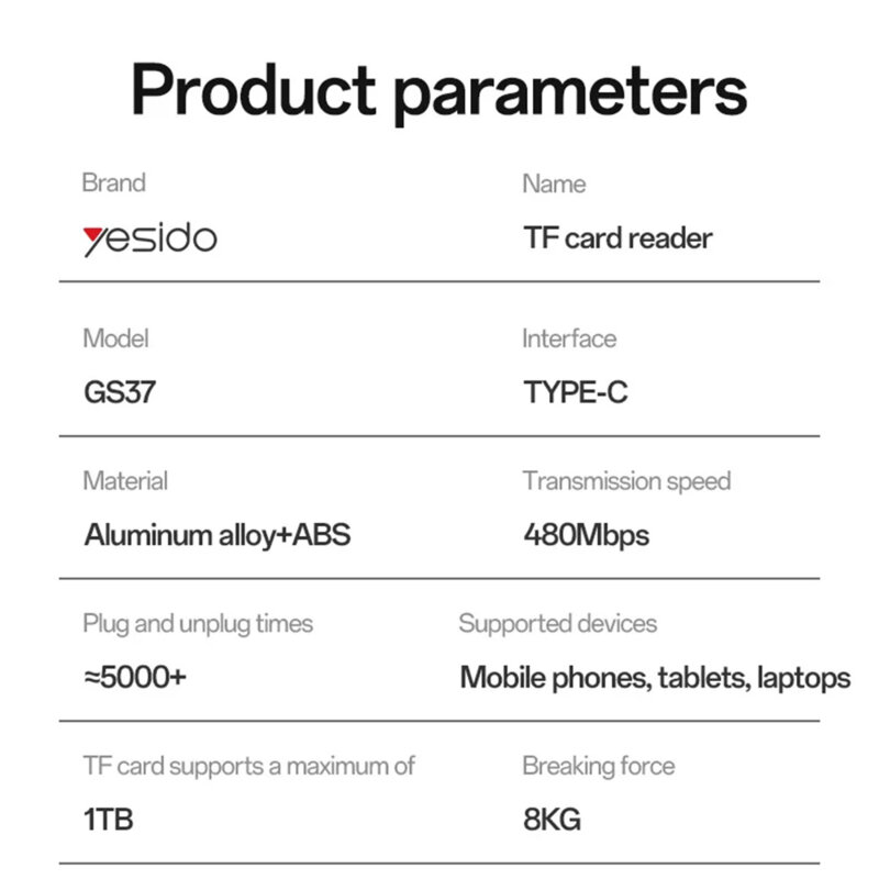 Cititor de carduri, adaptor Type-C la TF Yesido, negru, GS37