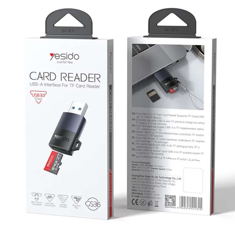 Cititor de carduri, adaptor USB la TF Yesido, negru, GS36