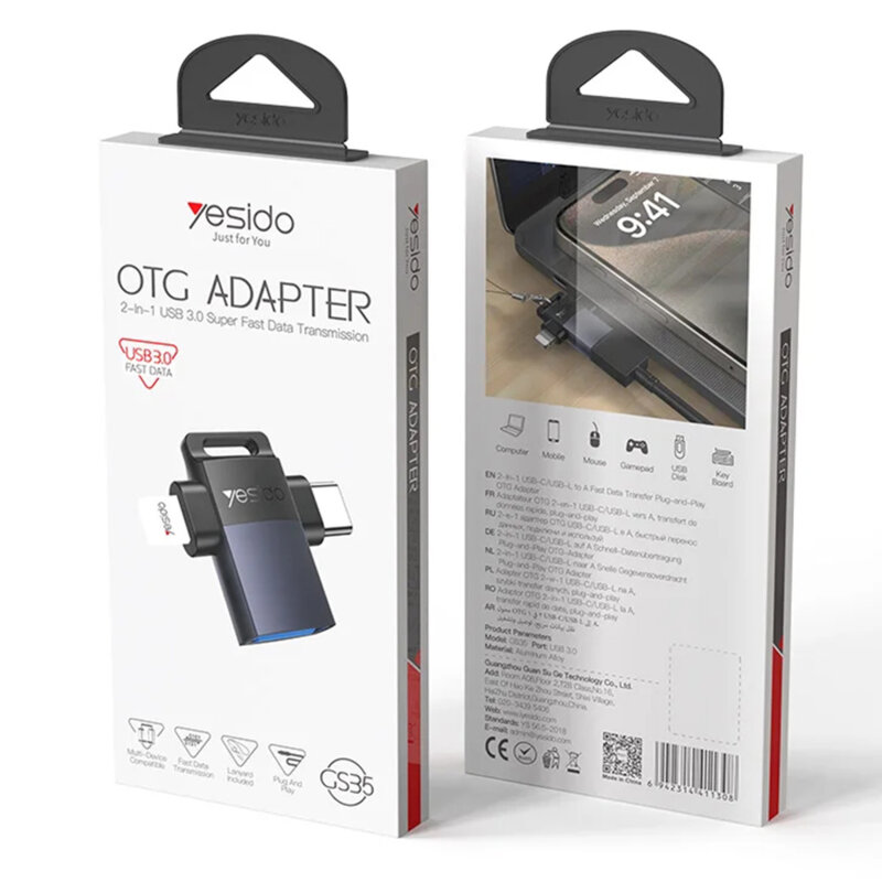 Adaptor OTG 2in1 USB la Lightning & Type-C Yesido GS35, gri
