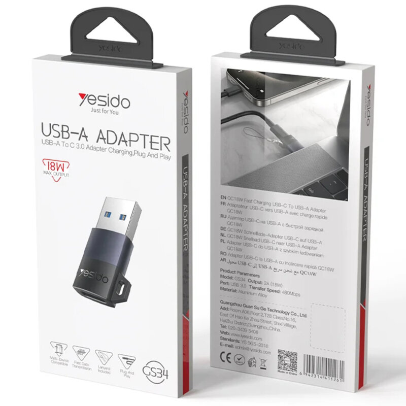 Adaptor OTG USB la Type-C, 18W Yesido GS34, gri