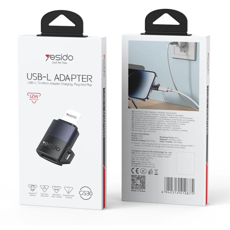 Adaptor OTG Micro-USB la Lightning, 12W Yesido GS30, gri