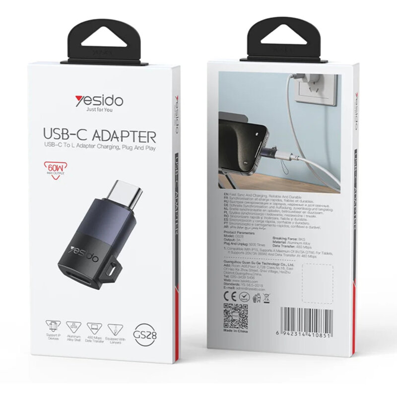Adaptor OTG Lightning la Type-C, 60W Yesido GS28, gri