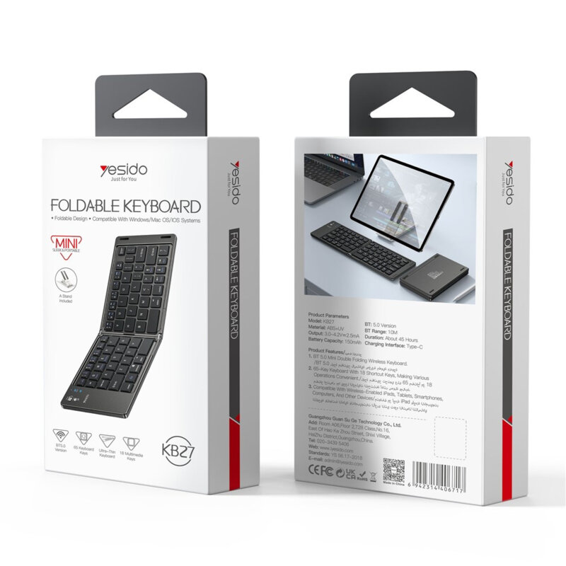 Tastatura pliabila Bluetooth 5.0, compacta Yesido KB27, negru