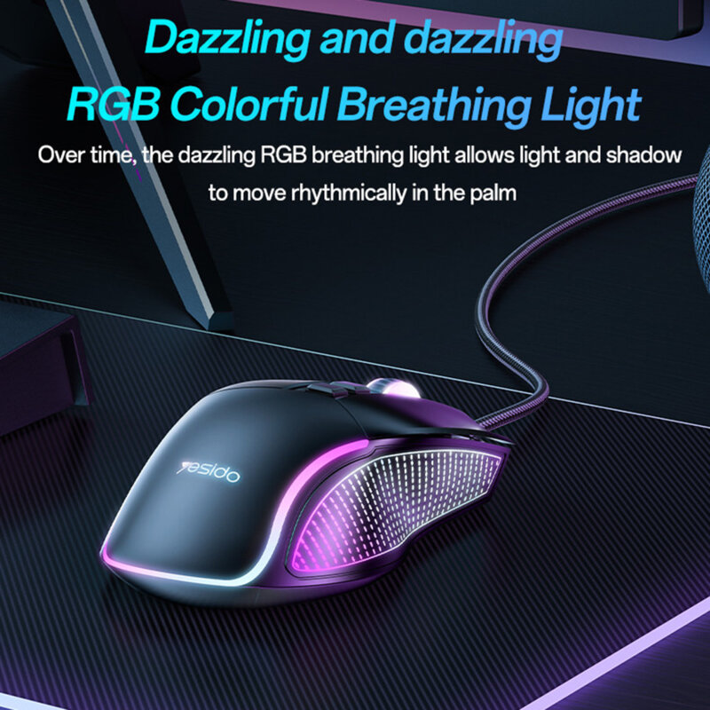 Mouse pentru gaming profesional, 7200DPI, RGB Yesido KB20, negru