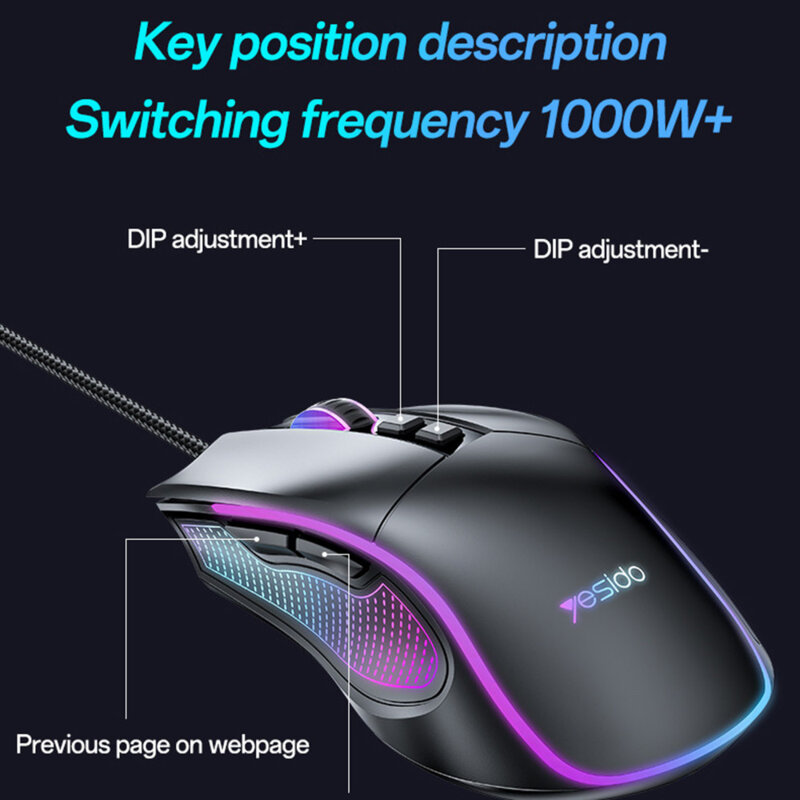 Mouse pentru gaming profesional, 7200DPI, RGB Yesido KB20, negru