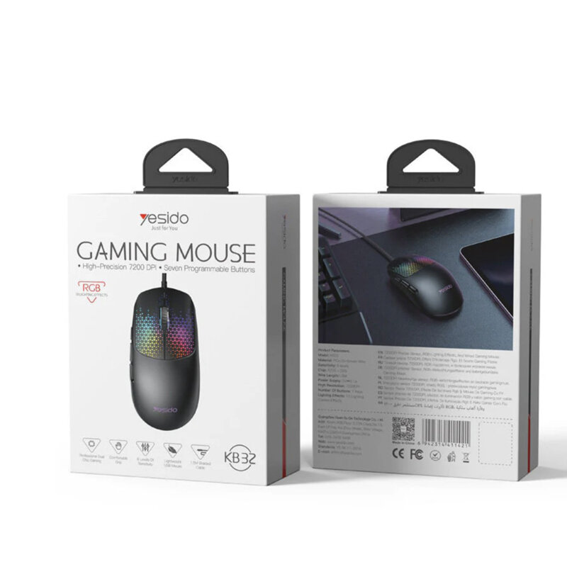 Mouse gaming cu fir USB RGB 7200DPI, Yesido KB20, negru