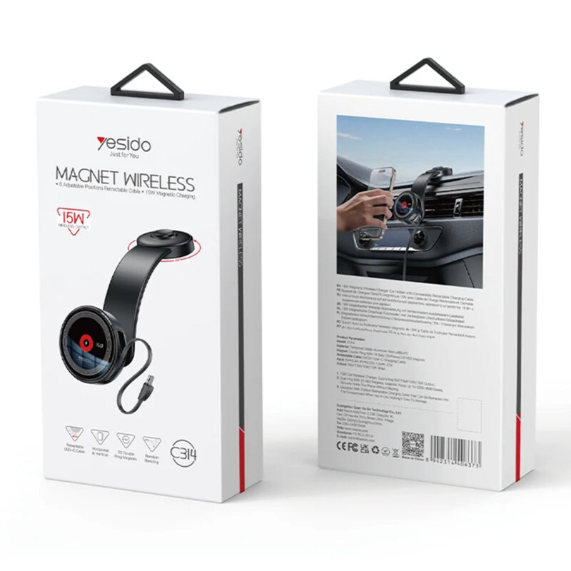 Suport auto magnetic, cablu tip C retractabil, 15W Yesido C314