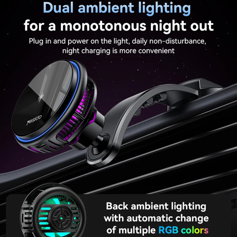 Suport auto magnetic cu racire, lumini, 15W Yesido C311, negru