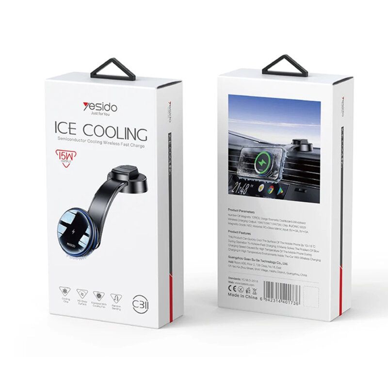 Suport auto magnetic cu racire, lumini, 15W Yesido C311, negru