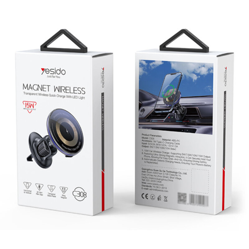 Suport auto magnetic grila, cu lumini, 15W, Type-C Yesido C308