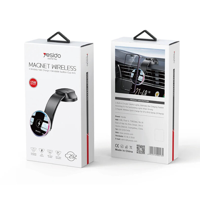 Suport auto magnetic 2in1, bord/parbriz, 15W, LED Yesido C292