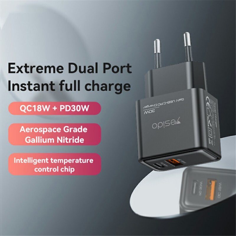 Incarcator priza Fast Charging Type-C + USB-A Yesido YC64, negru