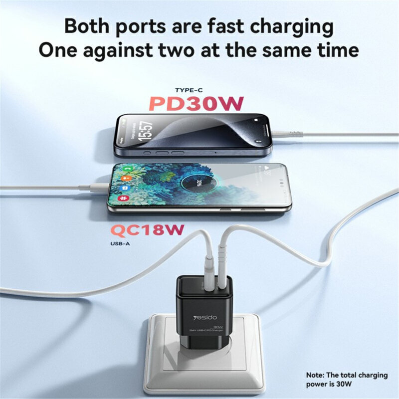 Incarcator priza Fast Charging Type-C + USB-A Yesido YC64, negru
