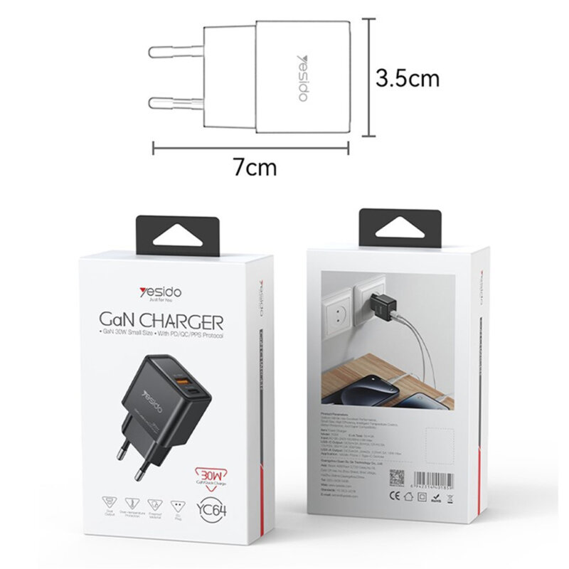 Incarcator priza Fast Charging Type-C + USB-A Yesido YC64, negru