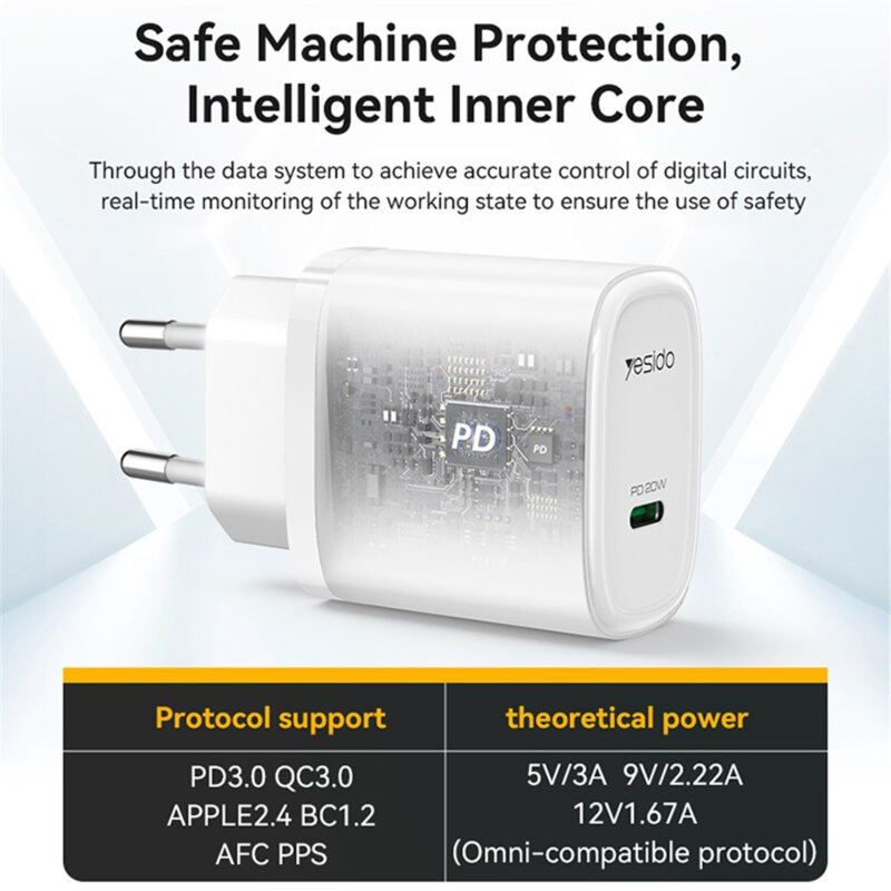 Incarcator priza USB-C compact PD20W Yesido YC57, alb