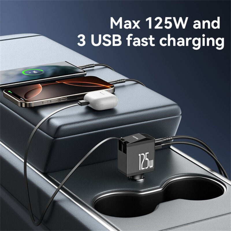 Incarcator auto cu cablu retractabil, 125W Yesido Y71, negru