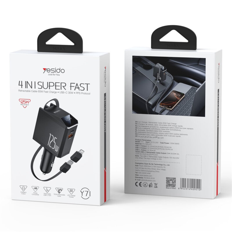 Incarcator auto cu cablu retractabil, 125W Yesido Y71, negru