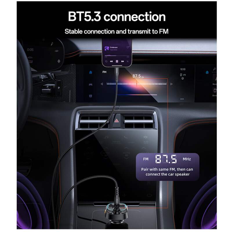Incarcator auto BT5.3 cu modulator FM, 2x USB Yesido Y70, negru