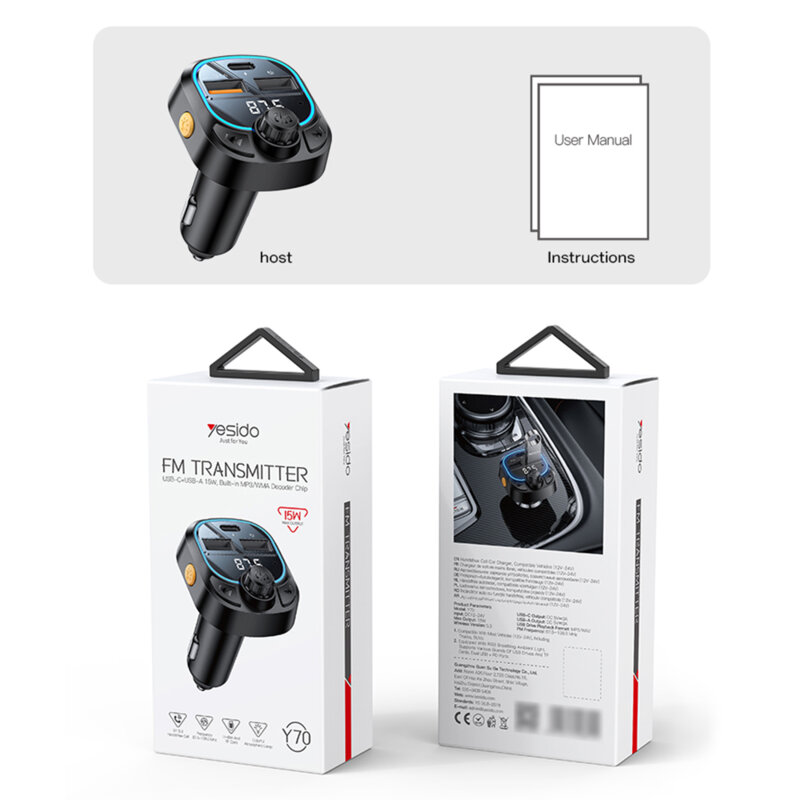 Incarcator auto BT5.3 cu modulator FM, 2x USB Yesido Y70, negru