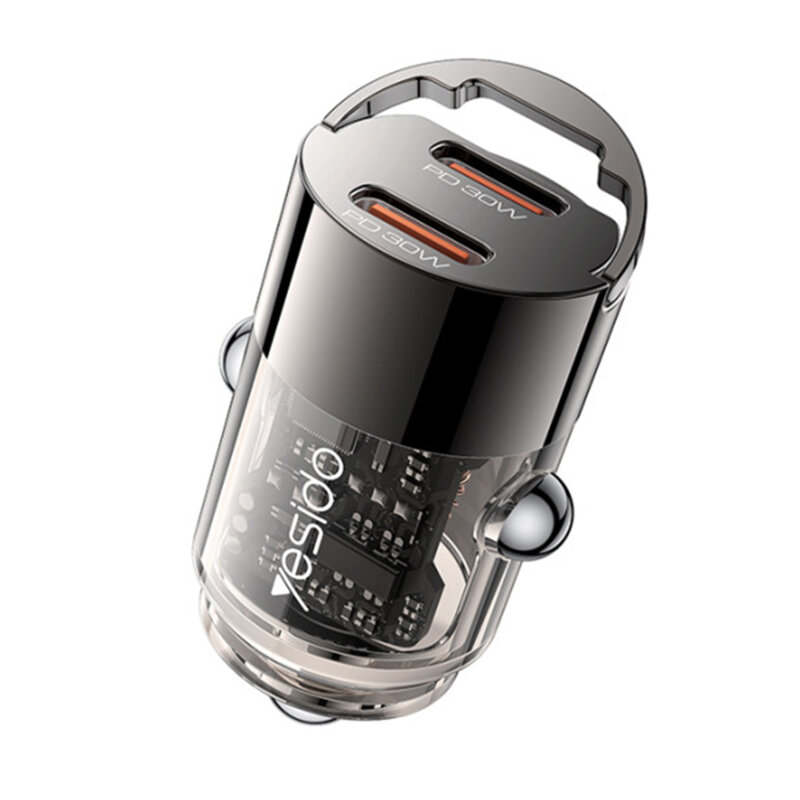 Mini incarcator auto PD30W, dual USB-C Yesido Y69, negru