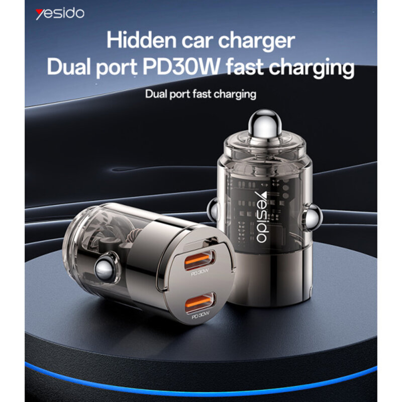 Mini incarcator auto PD30W, dual USB-C Yesido Y69, negru