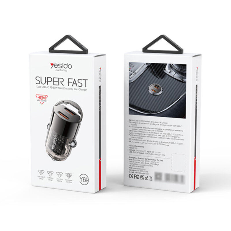 Mini incarcator auto PD30W, dual USB-C Yesido Y69, negru
