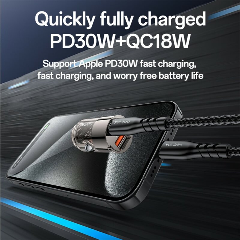 Mini incarcator auto PD30W, dual USB Yesido Y68, negru