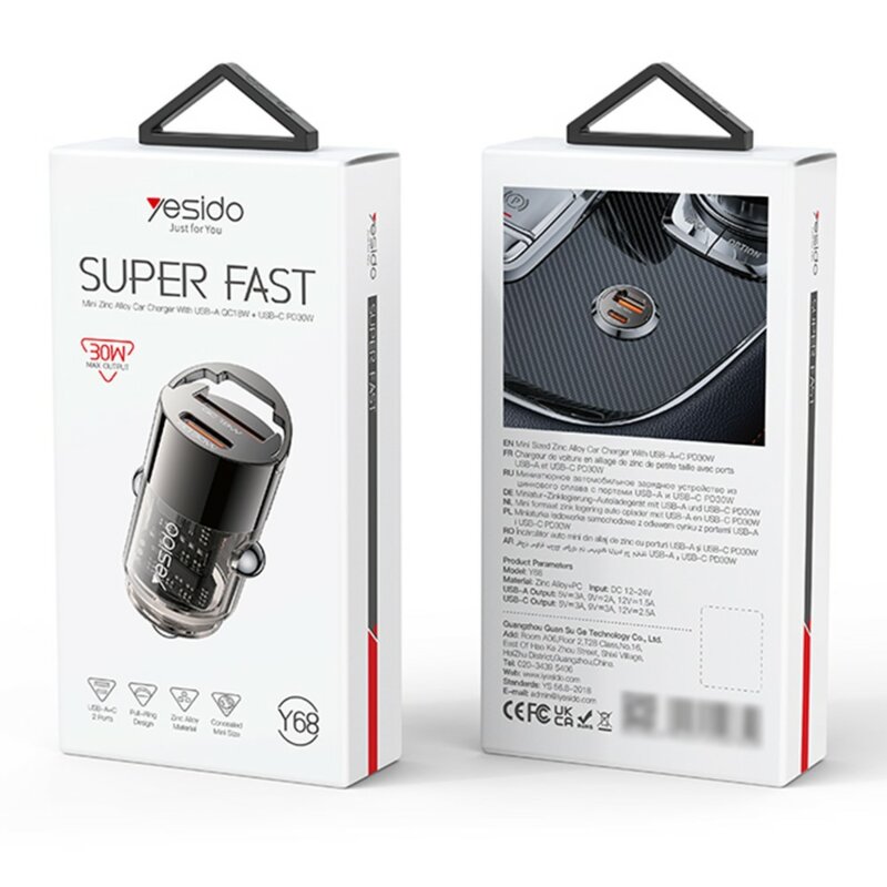 Mini incarcator auto PD30W, dual USB Yesido Y68, negru