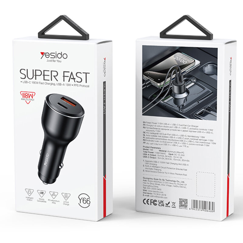 Incarcator auto Fast Charging, PD100W Yesido Y65, negru