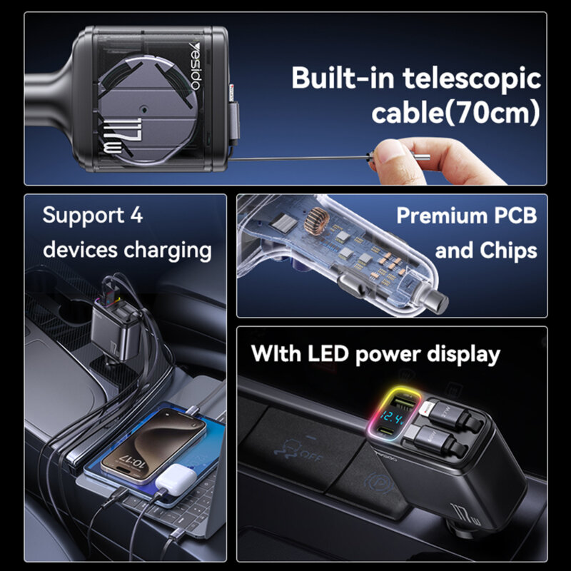 Incarcator auto cu display LED, cabluri retractabile, 117W Yesido Y63