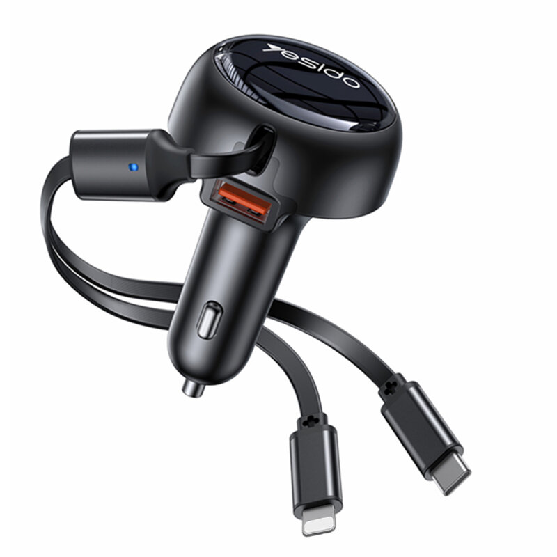 Incarcator auto cu 2x cablu retractabil, 53W, Yesido Y61, negru