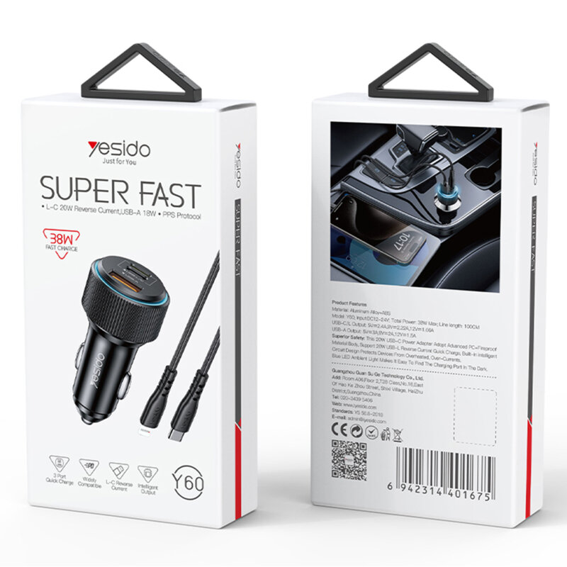 Incarcator auto + cablu Type-C la Lightning, 35W Yesido Y60
