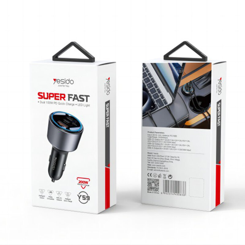 Incarcator auto bricheta 2x tip c, USB-A, 200W, Yesido Y59
