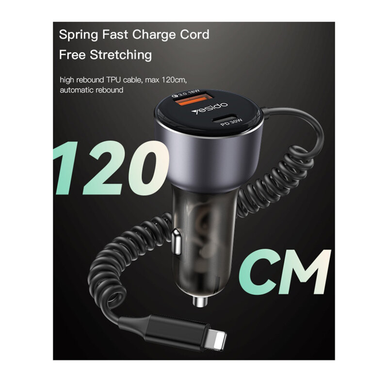 Incarcator auto bricheta + cablu Lightning, 50W, Yesido Y57