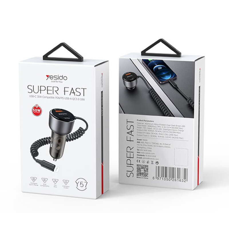 Incarcator auto bricheta + cablu Lightning, 50W, Yesido Y57