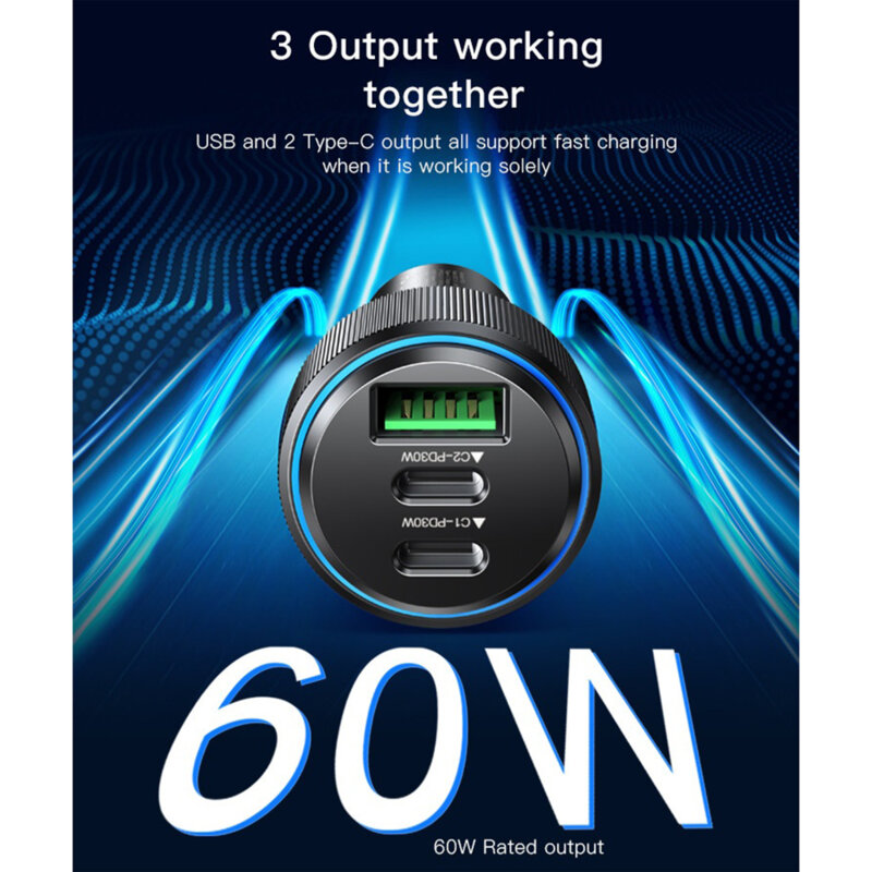 Incarcator auto 2x tip C, USB-A, 60W Yesido Y50, negru
